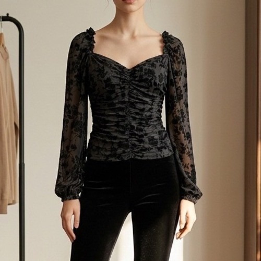 Blackβ Velvet Burnout Ruched Mesh Top Sweetheart Neck Whimsigoth Sheer Steampunk